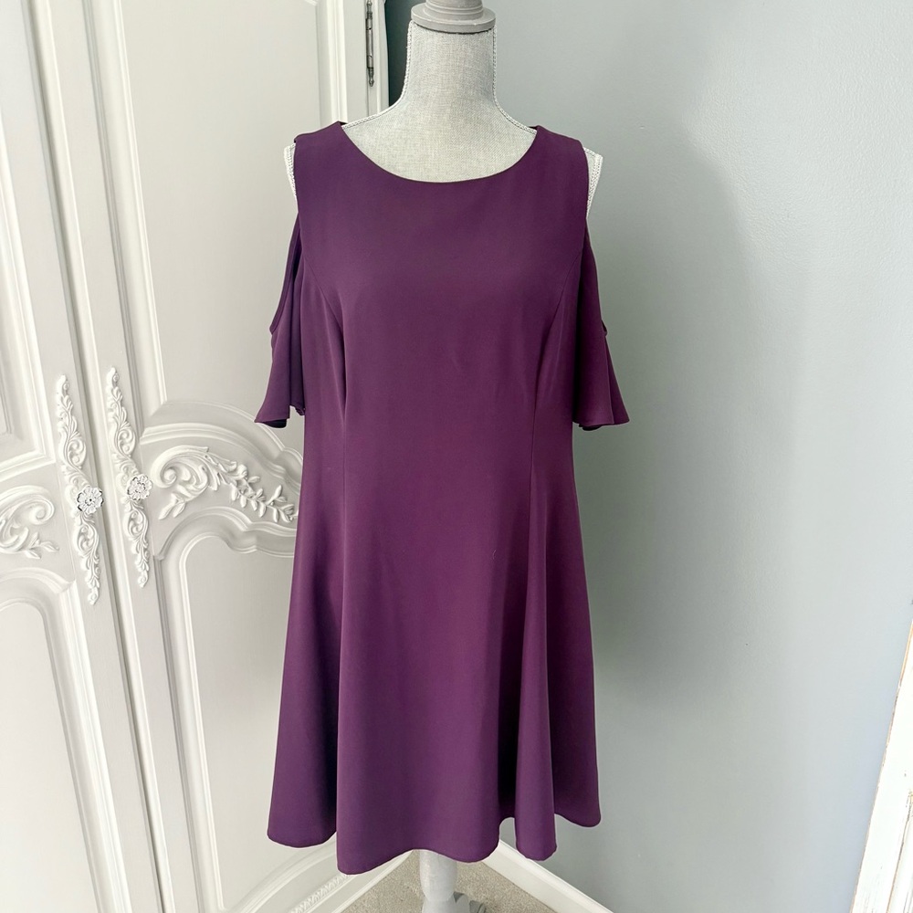 White House Black Market Purple Fit And Flare Cold Shoulder Midi Dress, sz 16
